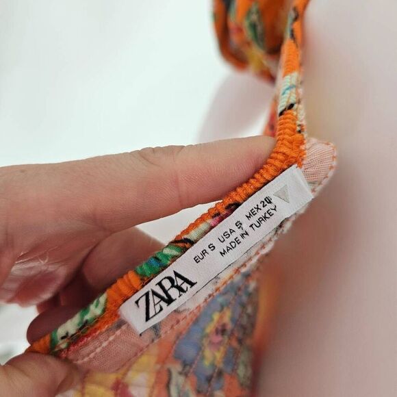 Zara Shirred Puff Sleeve Crop Top Orange S - Picture 4 of 6